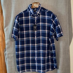 Cremieux Linen Blue Short Sleeve Shirt Plaid